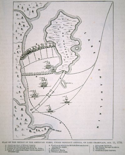 Plan van de nederlaag van de Amerikaanse Vloot op Lake Champlain (litho) door School English