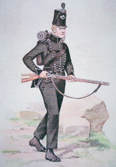 Soldaat van de 95e Rifles, ca. 1810, bewapend met het Baker-geweer, ontworpen door Ezekiel Baker uit Londen (kleur litho) door School English