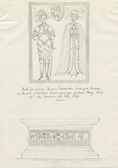 Sandon Kerk - Graf van Hugh Erdeswicke en Cecilia [Bassett]: pen en inkt tekening door School English