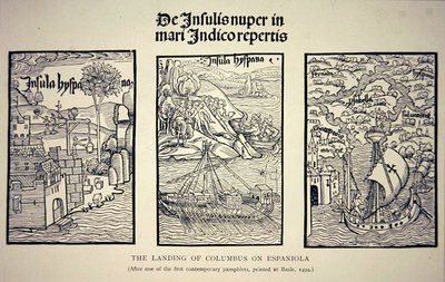 De landing van Columbus op Hispaniola, naar een eigentijdse pamflet gepubliceerd in Bazel in 1494 door School English