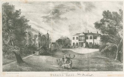 Tixall Hall en Poortgebouw (lithografie) door School English