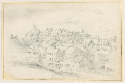 Tutbury - Stad, Kerk en Kasteel: potloodtekening, nd [?19e eeuw] door School English