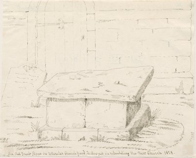 Uttoxeter Kerk - Oude grafsteen: pen en inkt tekening, nd [midden 19e eeuw] door School English
