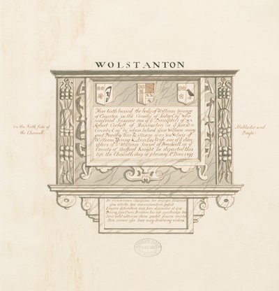 Wolstanton Kerk - Muurmonument voor William Yonge van Caynton: pen en wassing tekening, nd [?19e eeuw] door School English