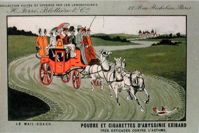 Advertentie voor het sigarettenmerk Exibard, die een postkoets toont en stelt dat tabak en sigaretten effectief zijn tegen astma door School French