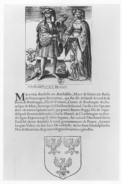 Ansegisel en zijn vrouw Begga (gravure) door School French