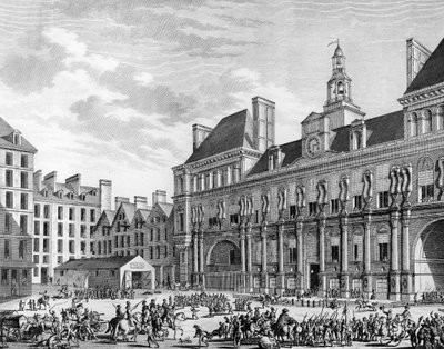Aanval op het gemeentehuis op 29 juli 1794 in Parijs door de troepen van de Conventie. Parijs, Bibliotheek van het Instituut voor Geschiedenis van de Revolutie door School French