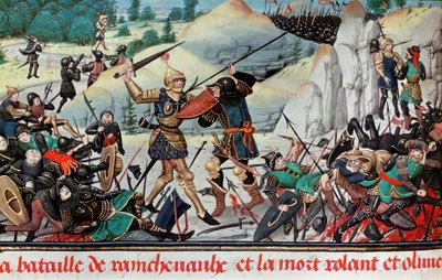 Dood van de ridder Roland, neef van Karel de Grote, in de Slag bij Roncevaux (778) tussen het leger van Karel de Grote en de Saracenen. Miniatuur. Parijs B.N. door School French