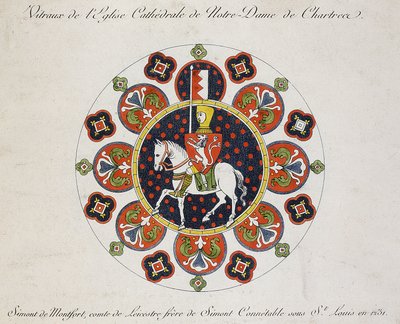Tekening van het roosvenster in Chartres: Simon de Montfort (kleur litho) door School French