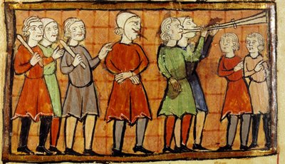 Valse getuige met doorboorde tong veroordeeld om door de straten van de stad te dwalen voorafgegaan door miniatuur trompetspelers uit Citeaux-manuscript. Angers, Gemeentelijke Bibliotheek door School French