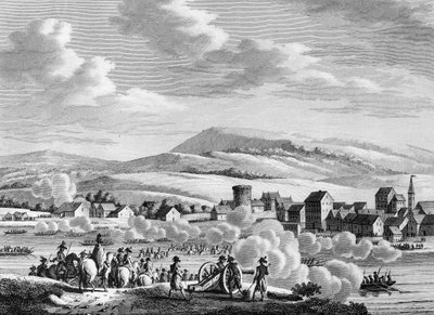 Franse Revolutie Oorlog en anti-revolutionaire bewegingen: Franse troepen steken de Rijn over naar Düsseldorf, Duitsland, op 20 Fructidor An III (6 september) door School French