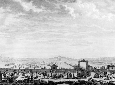 Franse Revolutie: de militaire troepen van het Marsveld vertrekken naar Place Louis XV op 12 juli 1789. Parijs, Bibliotheek van het Instituut voor Geschiedenis van de Revolutie door School French