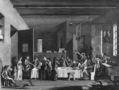 Franse revolutie en anti-revolutionaire beweging: Interieur van een revolutionair comité onder terreur jaar 1793-1794. Parijs, Bibliotheek van het Instituut voor Geschiedenis van de Revolutie door School French