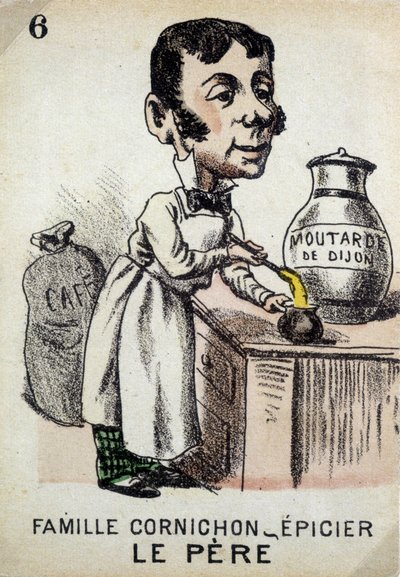 Spel van de Zeven Families: De Vader van de Familie Cornichon-kruidenier die Dijon-mosterd bereidt. Musée de la Carte à Jouer, Issy-les-Moulineaux. door School French