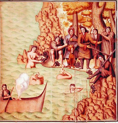 Indianen uit de Straat van Magellaan met Franse ontdekkingsreizigers, illustratie uit de 