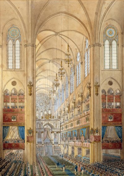 Interieur van de kathedraal Notre Dame de Paris tijdens de kroning van Napoleon I (1769-1821) op 2/12/1804 door School French