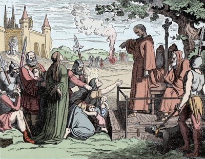 Tot levend verbranden veroordeelde Joden in de Middeleeuwen (kleurenlitho) door School French