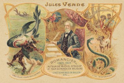 Jules Verne en zijn beroemde werken (prent) door School French