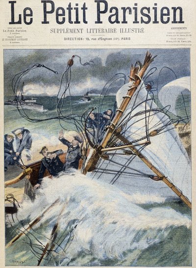 Koning van Engeland slachtoffer van een navigatieongeluk op de Shamrock II (in Le Petit Parisien, Arts Deco) door School French
