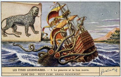 Legendarische wezens - octopus en zeeleeuw - chromo Liebig kleur. door School French