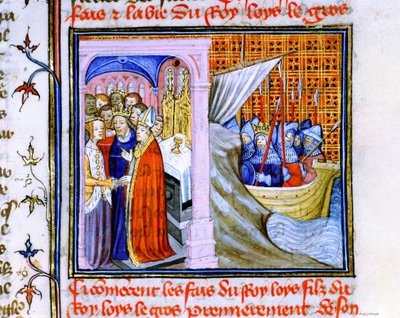 Huwelijk van Eleonora van Aquitanië en Lodewijk VII van Frankrijk (1137) links, en inscheping voor de Tweede Kruistocht 1147-1149, uit 