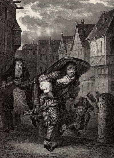 Monsieur de Pourceaugnac - Gravure uit werken van de Engelse auteur Molière - Scène uit het toneelstuk Monsieur de Pourceaugnac door Jean-Baptiste Poquelin genaamd Molière door School French