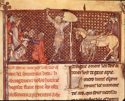 Ms 332 fol.1 Jean de Meung (1240-1305) biedt zijn boek aan de Graaf van Eu en het Vertrek van een Ridder, uit 