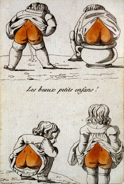 Oude speelkaart: de vier harten - "Mooie kleine kinderen" die hun hartvormige billen laten zien. Musée de la Carte à Joueur, Issy-les-Moulineaux door School French