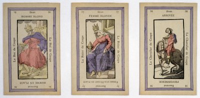 Oude speelkaarten met de koning (blonde man), de koningin (blonde vrouw) en de ruiter (einde) beker. Musée de la Carte à Jouier, Issy-les-Moulineaux door School French
