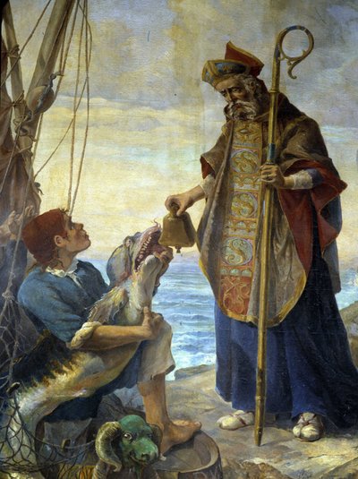 St Pol de Leon ontvangt door een vis, op het eiland Batz, de bel die koning Mark hem had geweigerd in Ouessant, ca. 530 - schilderij van de kerk van Morlaix door School French