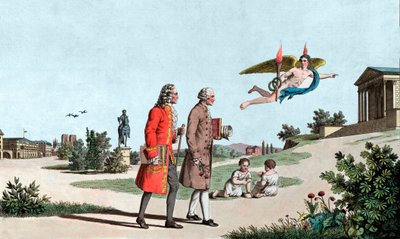 De geest van Voltaire en Jean Jacques Rousseau leidt hen naar de Tempel van Onsterfelijkheid door School French