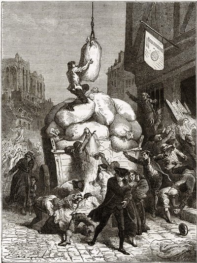 De Meel Oorlog: Plundering van bakkerijen in Parijs, rond 1775 (eerste vruchten van de Franse Revolutie) door School French