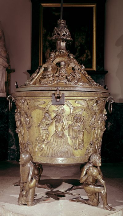 Doopvont met een reliëfpaneel van de Doop van Christus, ondersteund door vier knielende figuren die de rivieren van het paradijs voorstellen, Duits, ca. 1225-30 (brons) door School German