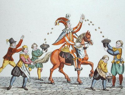 Nar op een Kastanjebruin Paard die Voedsel naar Kinderen Gooi, uit 