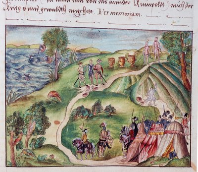 Een Venezolaans landschap met een Spaans kampement, uit een verzameling memoires van de Familie Coeler, Neurenberg door School German