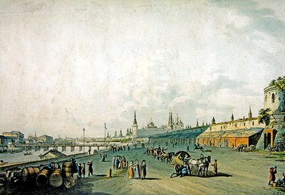 Moskou, uitzicht op het Kremlin en de kade van de Moskva door School German
