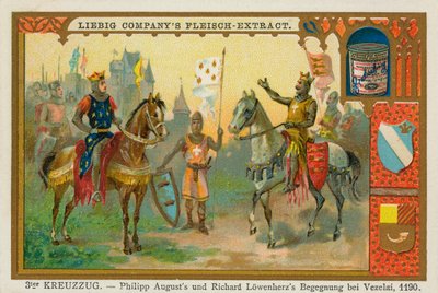 Filips II Augustus en Richard Leeuwenhart bij Vézelay, Derde Kruistocht, Liebig-kaart (prent) door School German
