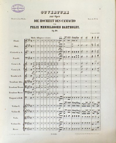 Partituur van "Die Hochzeit des Camacho" door Felix Mendelssohn door School German
