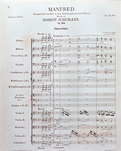 Bladmuziek van de Opening van "Manfred" (opus 115) door de Duitse componist Robert Schumann door School German