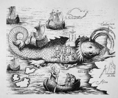 St Brendan viert de mis op de rug van een gigantische vis tussen de Canarische Eilanden en het mythische eiland St Brandano door School German