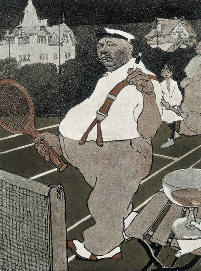 Tennis: dikke man, rokend en alcohol drinkend, speelt tennis - Duitse cartoon door School German