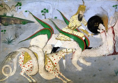 Een bereden krijger die een draak aanvalt, illustratie uit een boek over Indiase mystici door School Indian