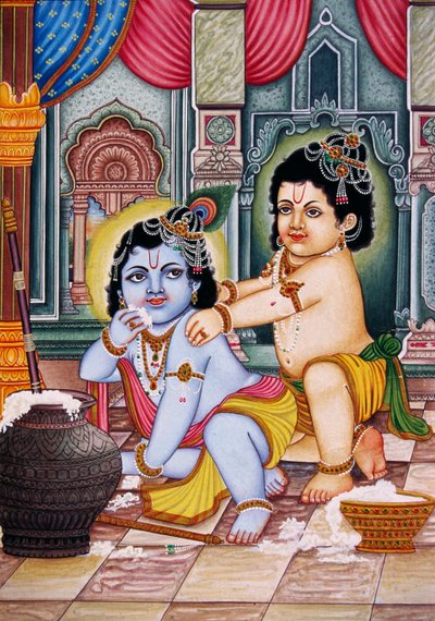 Bal Krishna met Balram Miniatuurschilderij op papier door School Indian