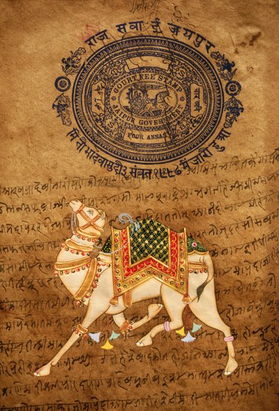 Kameel, handgemaakt schilderij en oude stempelpapier, Jaipur, Rajasthan, India door School Indian