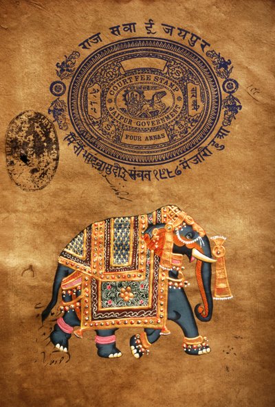 Olifant, handgemaakt schilderij en oude stempelpapier, Jaipur, Rajasthan, India door School Indian