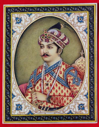 Keizer Muhammad Akbar (1542-1605) (gouache en aquarel op ivoor) door School Indian