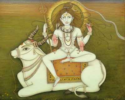 God Shiva naakte pose, miniatuurschilderij op papier door School Indian