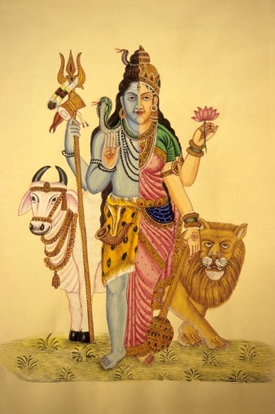God Shiva in Ardnarees Wear Roop, miniatuurschilderij op papier door School Indian