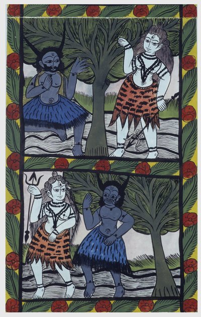 Kama, god van verlangen, stuurt een liefdespijl naar Shiva in meditatie, om te verenigen met Parvati. Pat: geschilderde rol uit de Bengalen regio, dienend als verhalend medium voor de zangers Baoul (Baul). Leonard de Selva privécollectie. door School Indian