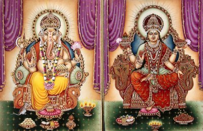 Heer Ganesh Ganpati Godin en Lakshmi Miniatuurschilderij op Ivoor door School Indian